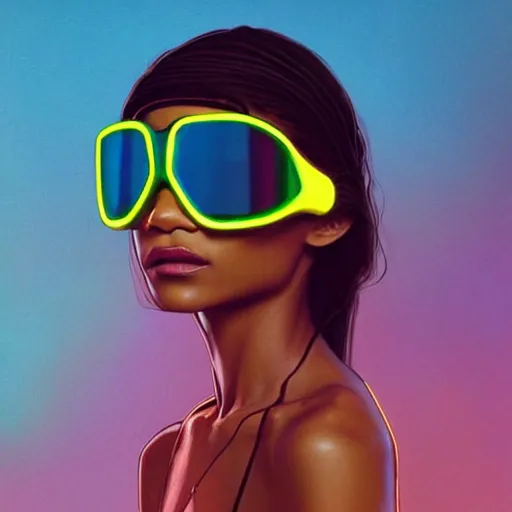 Image similar to zendaya wearing opaque reflective goggles profile picture by Greg Rutkowski, brown skin, very long hair, dune, asymmetrical, futuristic, neon volumetric lights, cool colors, streetwear, studio ghibli, Organic Painting , Matte Painting, geometric shapes, hard edges, street art, trending on the artstation, fantasy LUT, realistic by Sachin Teng + Martin Grip + Moebius, techwear, Industrial Scifi, detailed illustration, character portrait,