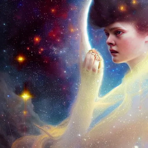 Prompt: a striking hyper real illustration of Elle Fanning in space by Edwin Blashfield