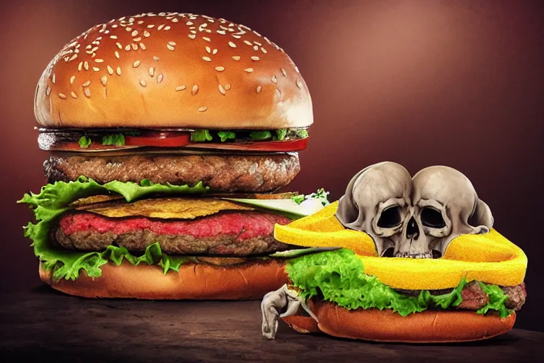 Image similar to death looking at a burger, surrealistic art, highly detailed, 4 k