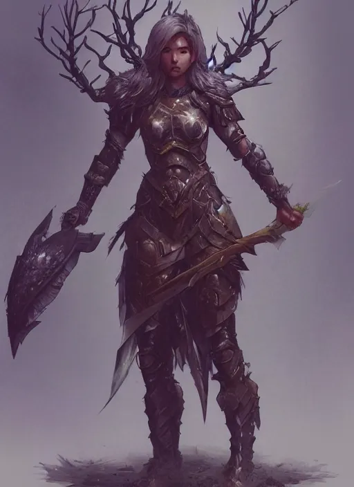 Image similar to Dryad female warrior in heavy armour. In style of Hyung-tae Kim, Greg Rutkowski and Larry Elmore, concept art, trending on ArtStation, Korean MMORPG, over-detailed art, 8K, epic, dynamic lightning, scenery.