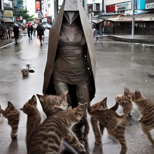 Image similar to pyramid head from silent hill petting a group of kittens in the rainy streets of Tokyo