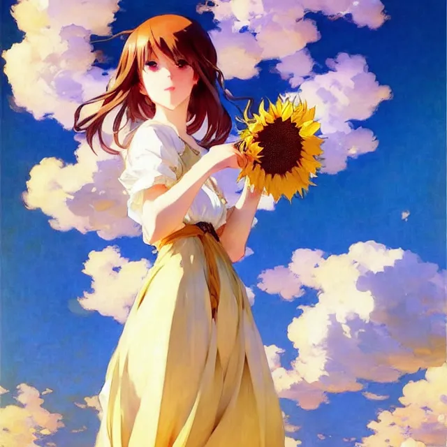 Image similar to beautiful sunflower anime girl, clouds, krenz cushart, mucha, ghibli, by joaquin sorolla rhads leyendecker, by ohara koson
