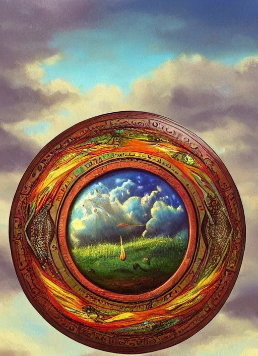 Prompt: a beautiful painting of a highly decorated round shamanic drum on the ground, with a beautiful cloudy sky, fantasy art, matte painting