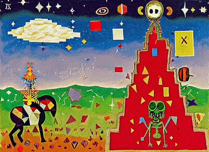 Image similar to pixel decollage painting tarot lovers card composition tower of babel road red armor maggot bear and wonky alien frog skeleton knight on a horse in a dark red cloudy night sky with golden foil jewish stars and diamonds, mountain lake and blossoming field in background, painted by Mark Rothko, Helen Frankenthaler, Danny Fox and Hilma af Klint, pixelated, neo expressionism, semi naive, pastel colors, cinematic, color field painting, cave painting, voxel, pop art look, outsider art, minimalistic. Bill Traylor painting, part by Philip Guston, Amano and Francis Bacon. art by Adrian Ghenie, very coherent symmetrical artwork, cinematic, hyper realism, high detail, octane render, unreal engine, Smooth gradients, depth of field, full body character drawing, extremely detailed, 8k, extreme detail, intricate detail, masterpiece