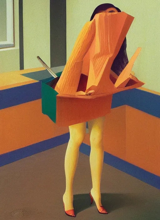 Image similar to isometric woman in a paper bag over the isometric head in isometric restaurant with a sward Edward Hopper and James Gilleard, Zdzislaw Beksinski, highly detailed