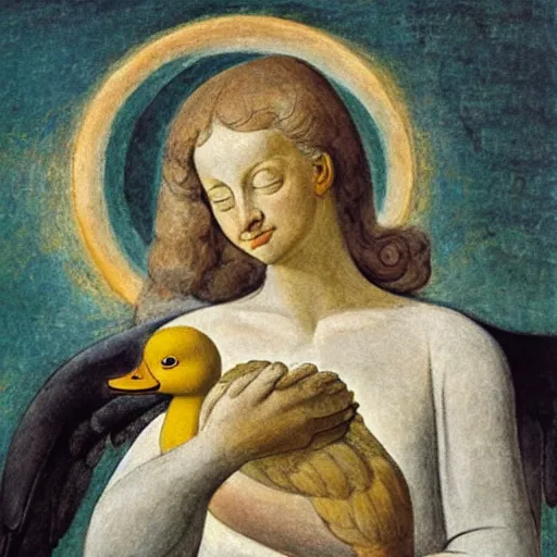 Image similar to biblical angel holding a duck, by jean deville, by william blake, oil on canvas