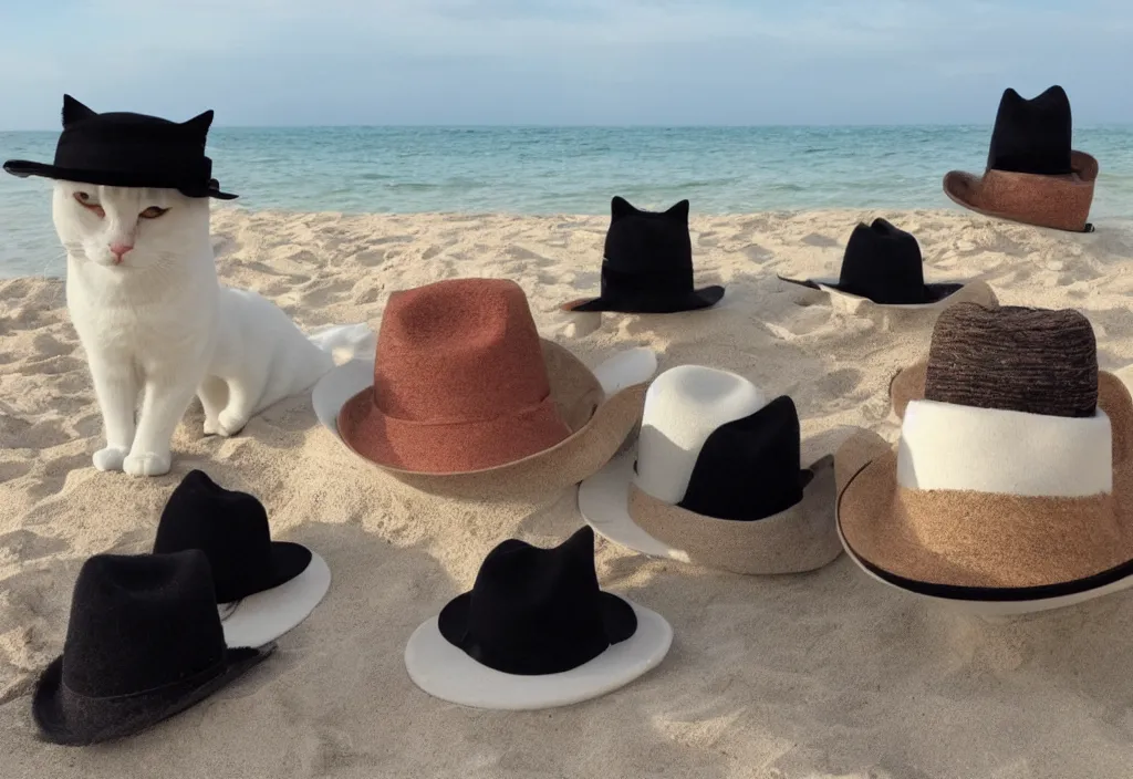 Image similar to cats wearing fedoras relaxing on a beach