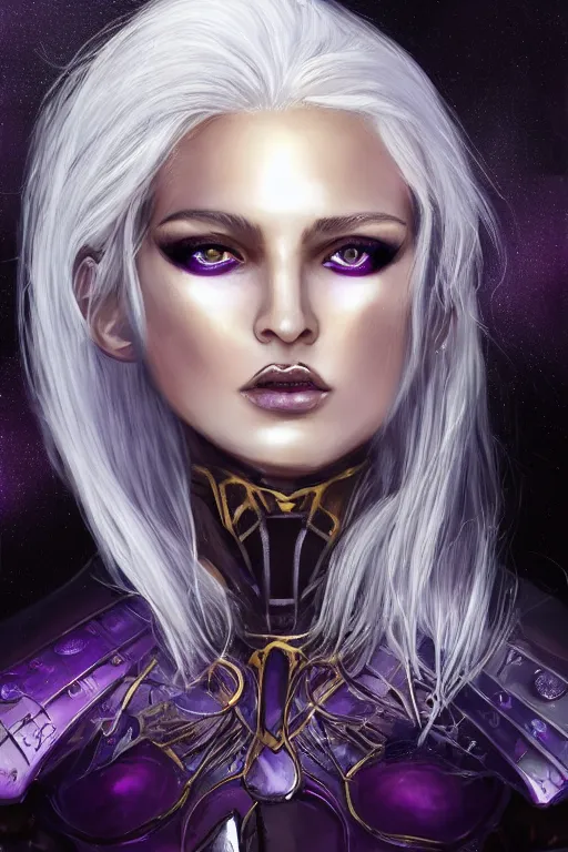 Prompt: portrait evilly knights of Zodiac girl, white hair, seductive eyes and face metalic deep purple and black reflected armor, in ruined Agora of Athens thunder flash night, sparkling, ssci-fi, fantasy, intricate, very very beautiful, elegant, golden light, highly detailed, digital painting, artstation, concept art, smooth, sharp focus, illustration, art by tian zi and WLOP and alphonse mucha