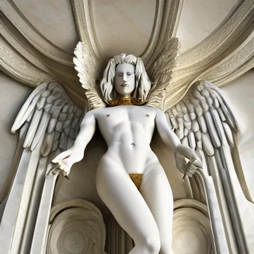 Image similar to a statue made of white marble with gold veins, of an beautiful gorgeous angel girl, full body shot, perfect symmetrical body, perfect symmetrical face, no eyes, hyper realistic, hyper detailed, fujicolor superia 1 6 0 0 photo, by johannen voss, by peter kemp, by monia merlo, by michelangelo octane render, blender, 8 k