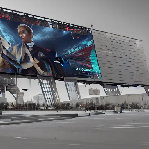 Image similar to sci-fi speed x y u shape wall structure on the coronation of napoleon painting and digital billboard in the middle, unreal engine 5, keyshot, octane, artstation trending, ultra high detail, ultra realistic, cinematic, 8k, 16k, in style of zaha hadid, in style of photogrammetry point cloud, in plastic,dark, tilt shift,