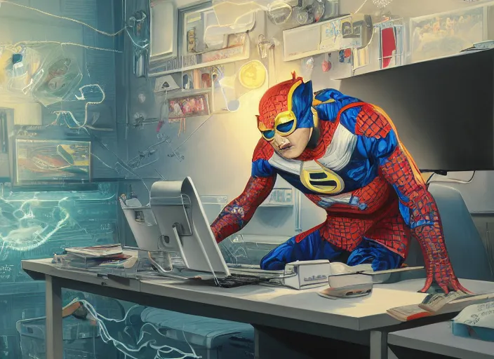 Image similar to an insanely detailed painting of an asian man wearing a homemade superhero costume, sitting at a desk, staring seriously at the computer and typing, in the style of james jean, dramatic lighting and composition, surreal background, octane render, pixar, trending on artstation, concept art, comic book, view from behind, 8 k