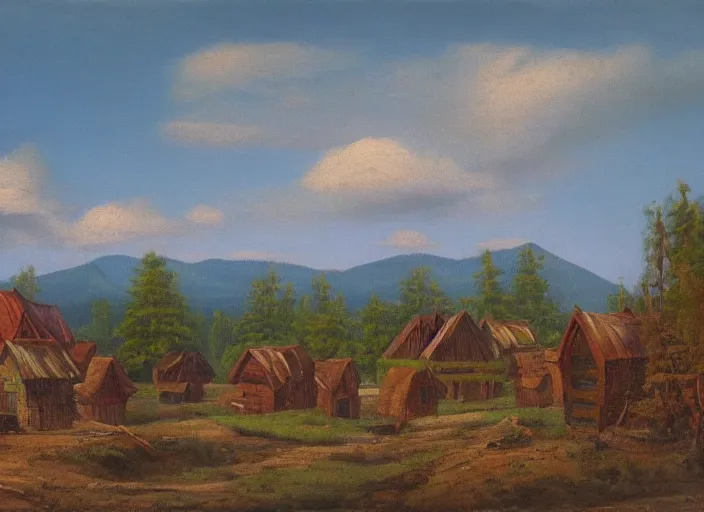 Image similar to the small wooden villages of siberia, russia in the style of hudson river school of art, oil on canvas