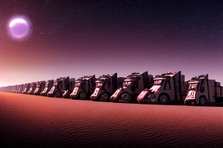 Prompt: a convoy of cyberpunk wagons moving through a star lit desert, dystopian, dusty