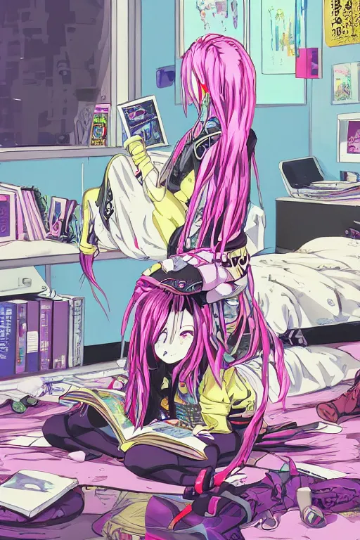 Prompt: concept art painting of an anime cybergoth girl with pink dreads on the floor reading a book in a cluttered 9 0 s bedroom, artgerm, inio asano, toon shading, cel shading, calm, tranquil, vaporwave colors, rendered by substance designer,