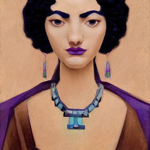 Image similar to a oil painting of a fair skin with dark curly stylised hair queen wearing dress, by nicholas roerich, by georgia o keeffe by frederick william elwell, by otomo highly detailed, realistic, outline, line work concept art, jewels, oriental, desaturated, animation