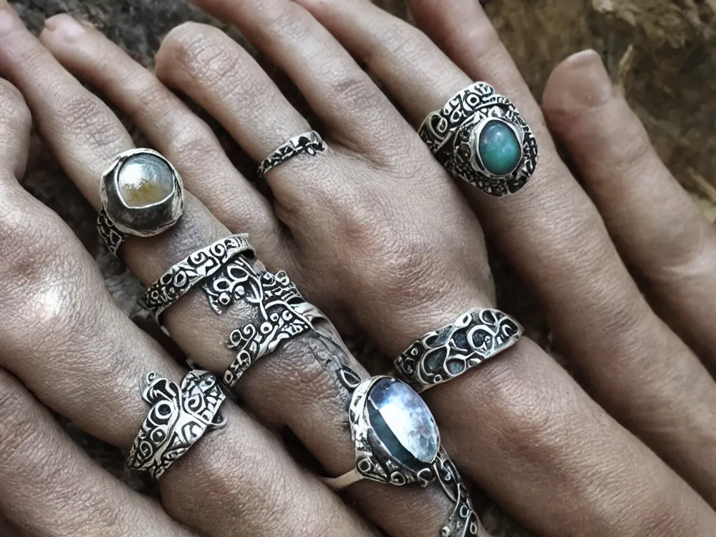 Prompt: rustic hand made rings hand crafted from silver and natural gemstones