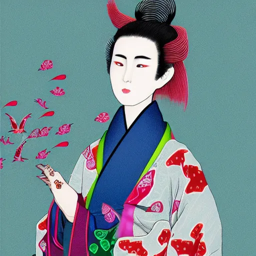 Prompt: urban fantasy realistic character portrait of the androgynous japanese Kami of hospitality, wearing a silk kimono richly decorated with patterns of flying cranes