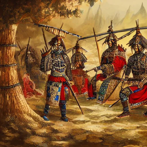 Prompt: portrait of smart tai armored warlords sit in tai ancient war traditional tent, tribal ground, tribal tent, asian interior decoration, oil painting, fantasy, detailed and intricate environment,