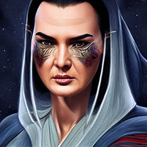 Image similar to steven seagal female, jedi master, wearing the traditional jedi robe, beautiful and uniquely odd looking, detailed symmetrical close up portrait, intricate complexity, in the style of artgerm and ilya kuvshinov, magic the gathering, star wars art