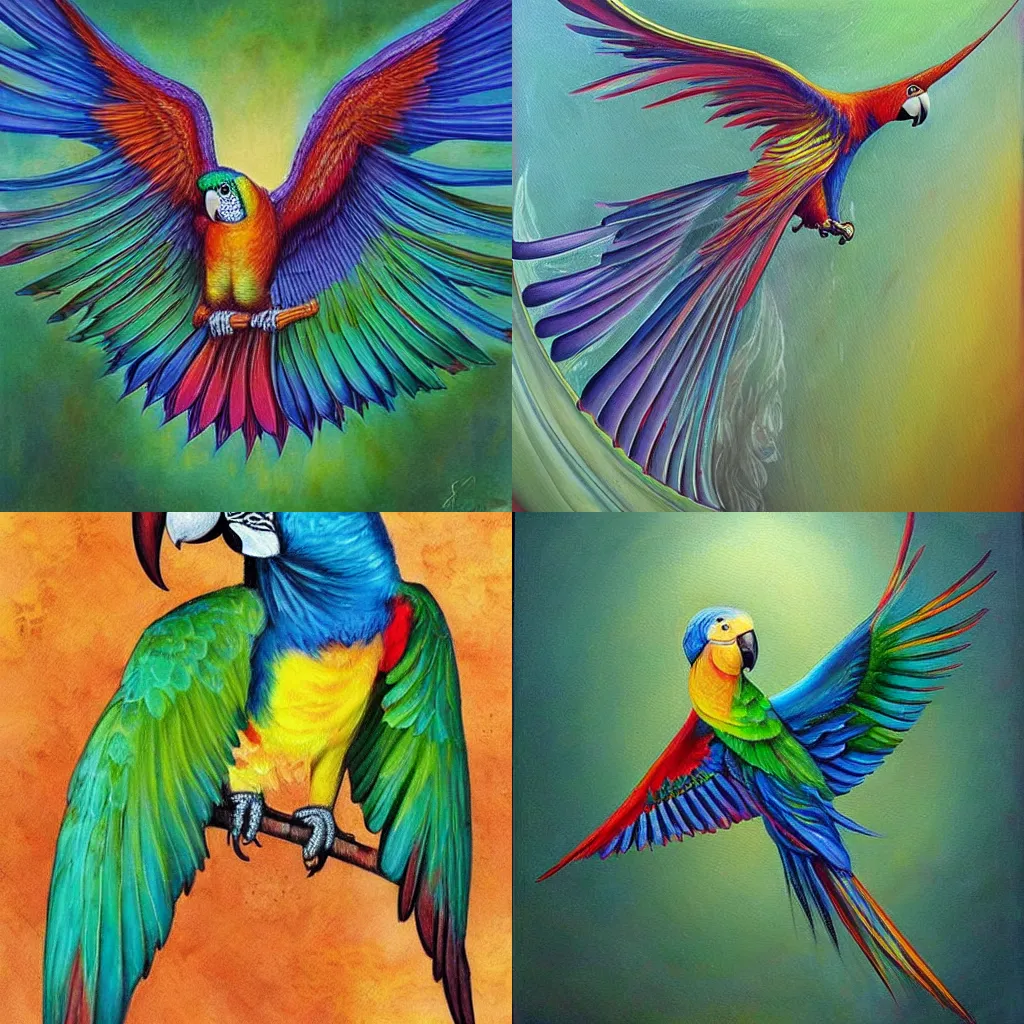 Prompt: a beautiful realistic painting of a parrot spreading its wings and soaring to the sky, symetrical wings, ayahuasca, fantasy art style, trending on deviant art