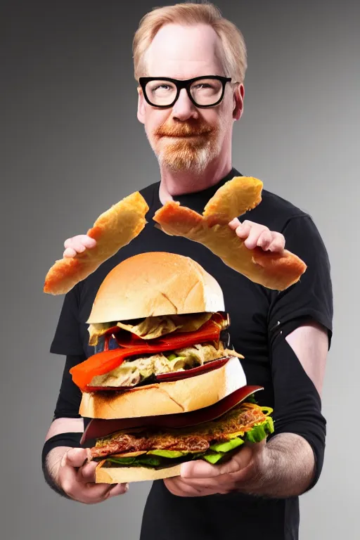 Image similar to 📷 portrait of adam savage the sandwich, food head, still image, dynamic lighting, 4 k