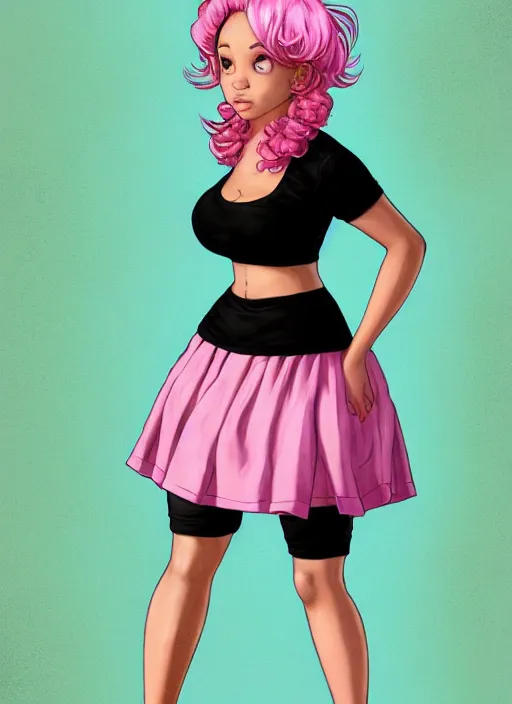 Prompt: full body portrait, teenage vanessa morgan, pink hair, obese, black girl, curly pixie hair, sultry, realistic, short hair, hoop earrings, skirt, shirt, fat, belly, intricate, elegant, highly detailed, digital painting, artstation, concept art, smooth, sharp focus, illustration, art by wlop, mars ravelo and greg rutkowski