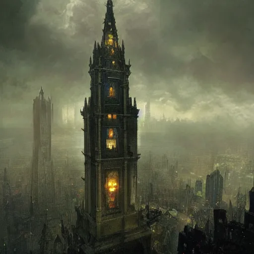 Prompt: an ultra detailed tarot card of a lonely and impossibly tall ominous gothic dark tower elevated high above the city, in a river elevated high above the city, fantasy capital city, ultrawide lense, aerial photography, scary thunderstorm, light fog, volumetric lighting, exquisite detail, 8 k, art by greg rutkowski and alphonse mucha