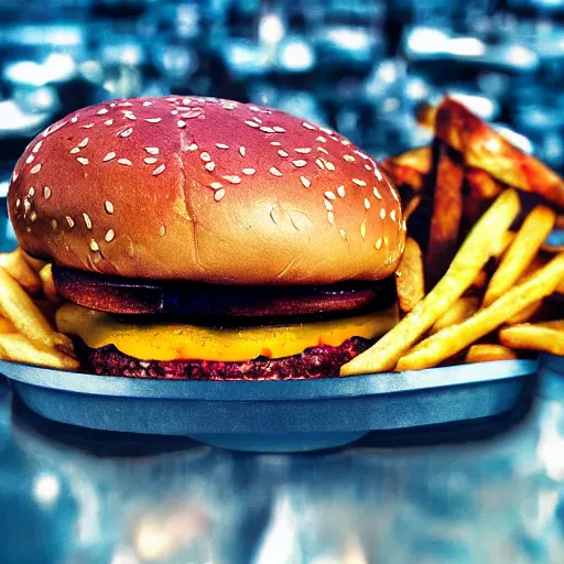 Image similar to giant delicious burger and fries splashes into New York city river, mind-bending digital art, macro photography 25mm, hollywood movie cinematic helicopter view