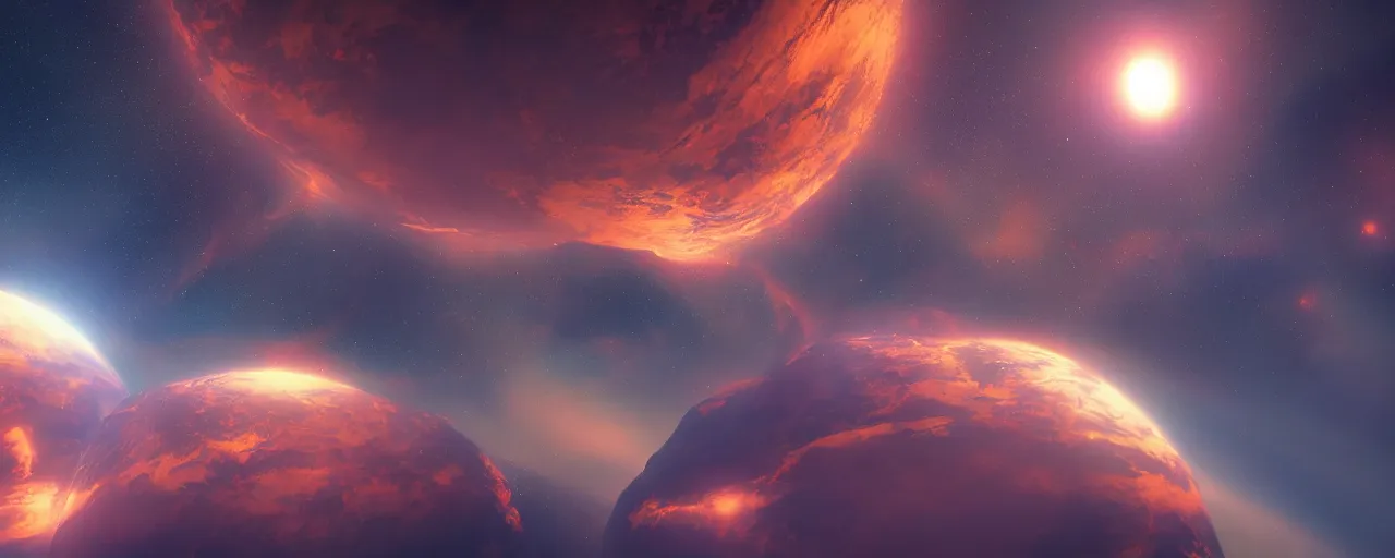 Image similar to warm colours, cinematic render of atmospheric deep space, volumetric lighting, cathrin machin