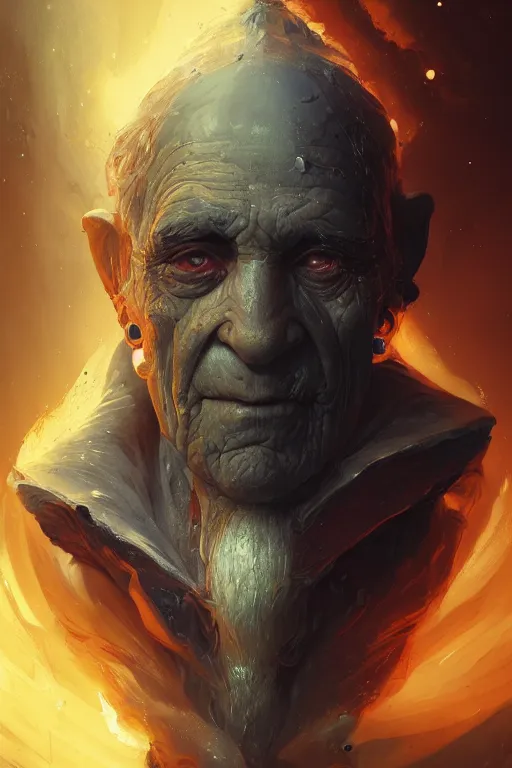 Prompt: the look of an elderly fire person full of wrinkles and imperfections by artgem and greg rutkowski, highly detailed, high contrast, trippy, nebula, trending on artstation