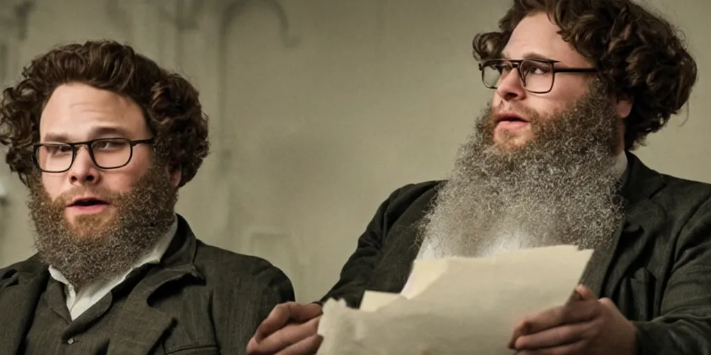 Prompt: Seth Rogen as Karl Marx in 'Marx' (2022), movie still frame