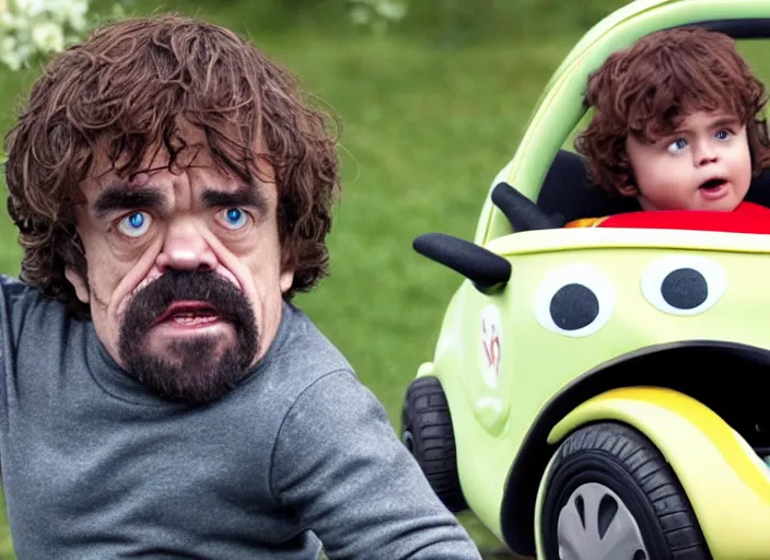 Image similar to peter dinklage driving a little tikes cozy coupe, movie still, from the new munsters movie, 8 k, realistic