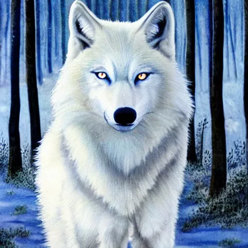 Image similar to white wolf with blue eyes, in the autumn forest, realistic, 8 к, fullbody photo