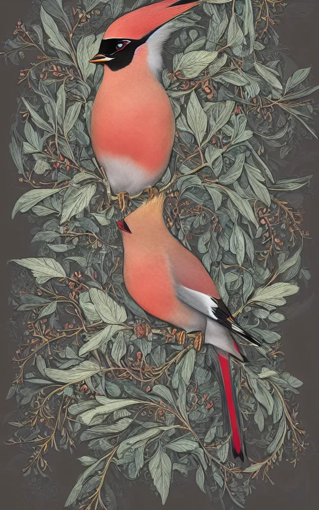 Prompt: ethereal bohemian waxwing bird, bombycilla garrulus, intricate details, ornate, detailed illustration, octane render, in a johanna rupprecht style, in a william morris style, trending on artstation, artgerm