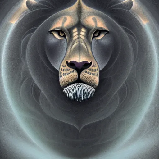 Image similar to an anthromorphic lion meditating in a zen garden with a waterfall under the blood moon, by Adi granov and afarin sajedi and amanda sage and evgeni gordiets and Agostino Arrivabene and adonna khare in a psychedelic portrait style, ultrarealistic matte painting, volumetric lighting, fractal, extremely symmetrical, highly detailed face, orisha, 8k, hd