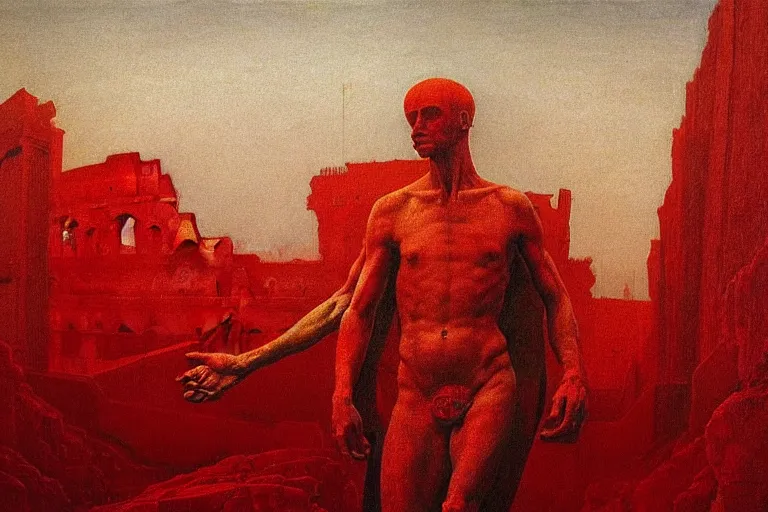 Image similar to only with red, caesar after win war, the deal, a red tiger, in hoc signo vinces, rome in background, an ancient path, in the style of beksinski, part by hopper, part by rodcenko, part by hofbauer, intricate composition, red by caravaggio, insanely quality, highly detailed, masterpiece, red light, artstation