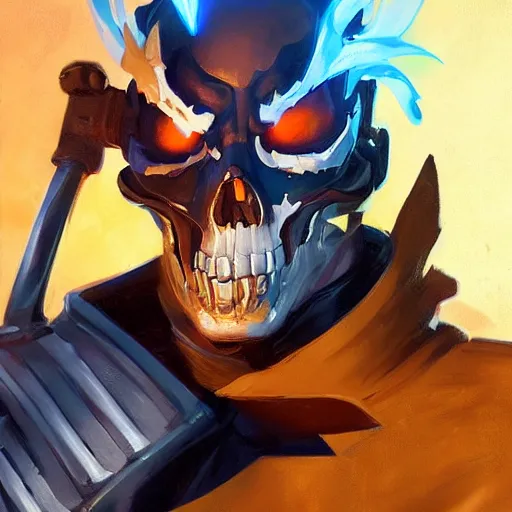 Image similar to greg manchess portrait painting of ghost rider as overwatch character, medium shot, asymmetrical, profile picture, organic painting, sunny day, matte painting, bold shapes, hard edges, street art, trending on artstation, by huang guangjian and gil elvgren and sachin teng