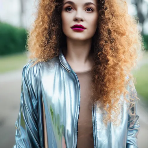 Image similar to selfie of a young woman, wearing a translucent and iridescent jacket, curly long hair, caucasian, sigma 85mm f/1.4, 4k, depth of field, high resolution, 4k, 8k, hd, full color