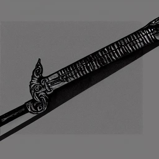 Image similar to a black sword, on a blank background. diagonal composition ( concept art, museum picture )