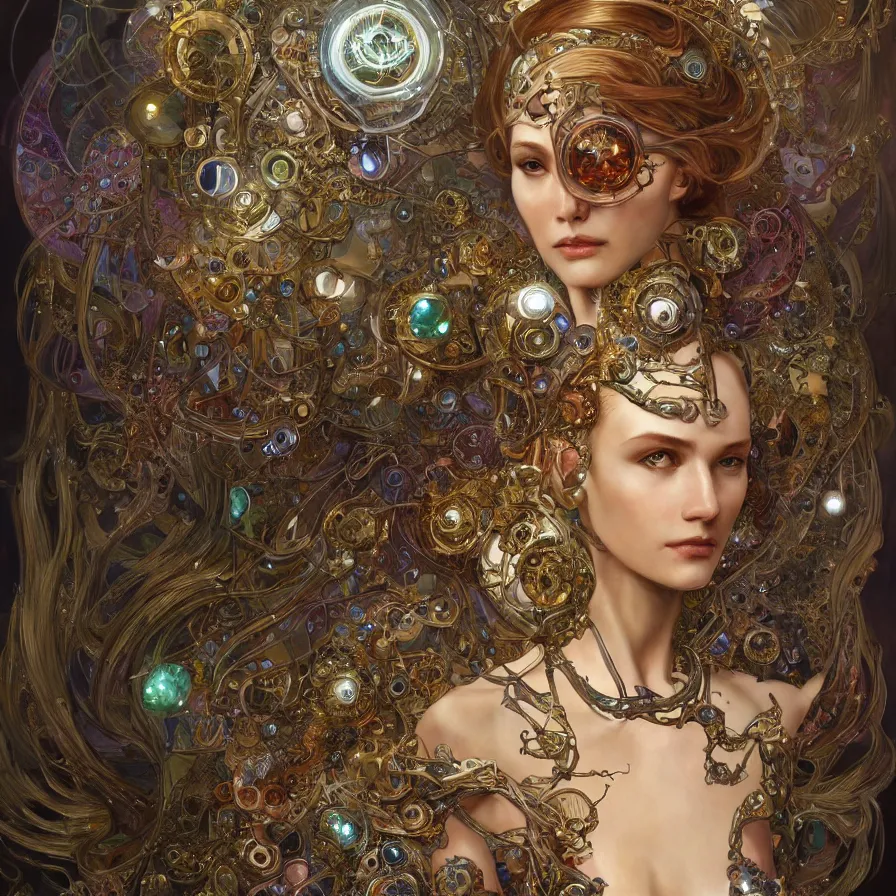 Image similar to organic cyborg, bulgari jewelry design, diffuse lighting, fantasy, intricate, elegant, highly detailed, lifelike, photorealistic, digital painting, artstation, illustration, concept art, smooth, sharp focus, art by john collier and albert aublet and krenz cushart and artem demura and alphonse mucha