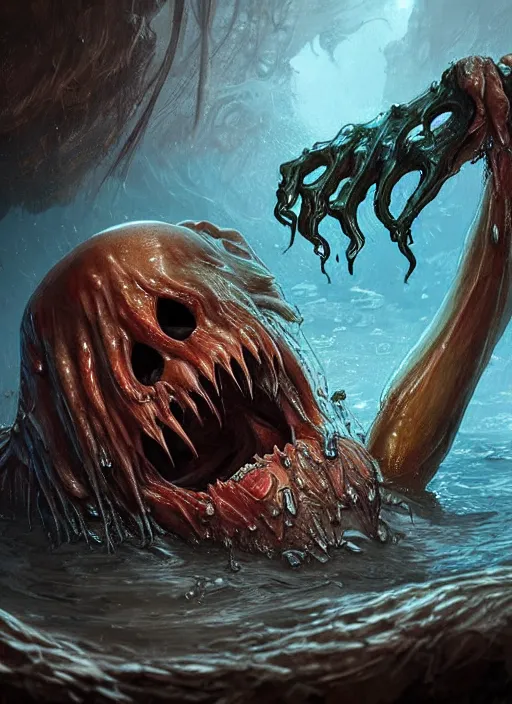 Image similar to digital painting of a wet smily undead drowned monster, with translucent and weiny skin, long freaky finger, by filipe pagliuso and justin gerard, fantasy, highly detailed, realistic, intricate, glowing eyes