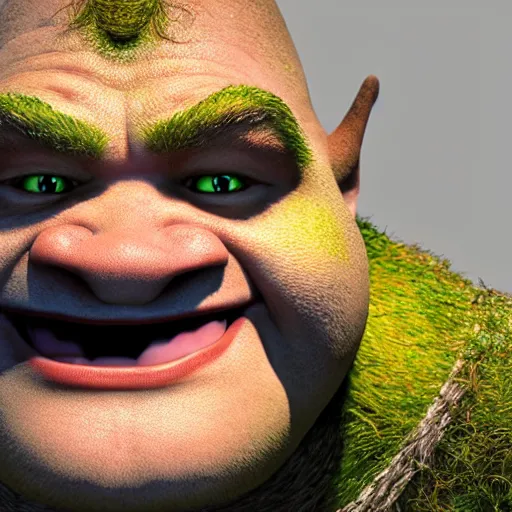 Prompt: crisp quality and light reflections, photorealistic portrait, studio lighting, still photo of shrek, bright studio setting, highly detailed, unreal engine 5 quality render