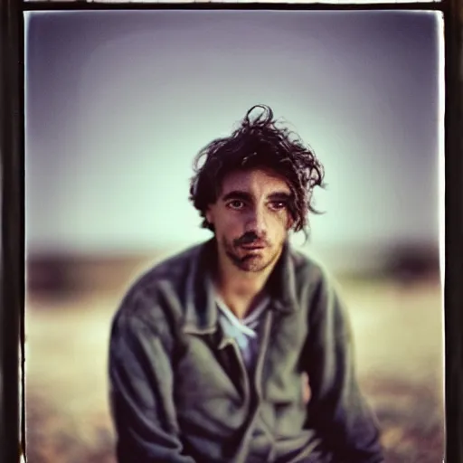 Image similar to A 4x5 portrait of a man, who is dishevelled and beaten down, a million-mile stare, bokeh, depth of field, pastel colours overlap, grainy, rule of thirds