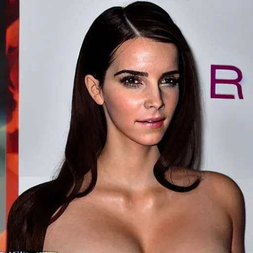 Image similar to a woman who is a genetic combination of kim kardashian and emma watson face and upper - body focus