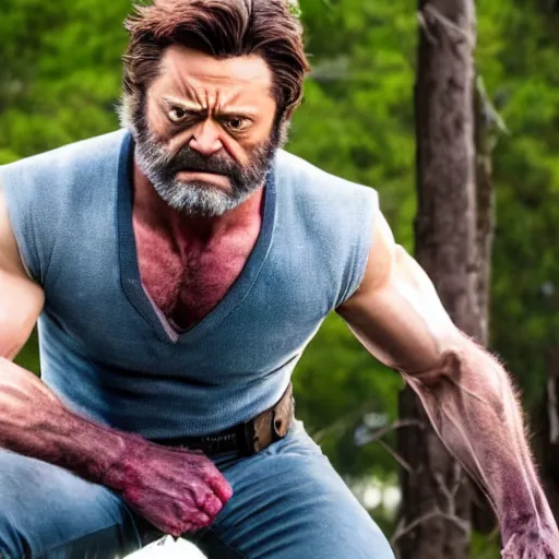 Prompt: x - men's wolverine played by nick offerman, photorealistic logan marvel movie still, detailed 8 k, poster style, high resolution