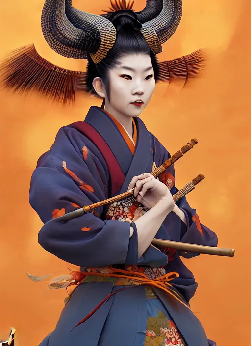 Image similar to kitsune samurai in autumn color kimono holding a blue sparrow, subsurface scattering, by jesper ejsing, justin gerard, tomasz alen kopera, cgsociety and fenghua zhong, highly detailed, rim light, cinematic lighting, illustration, art, octane render, very coherent, cinematic, hyper realism, high detail, octane render, 8 k