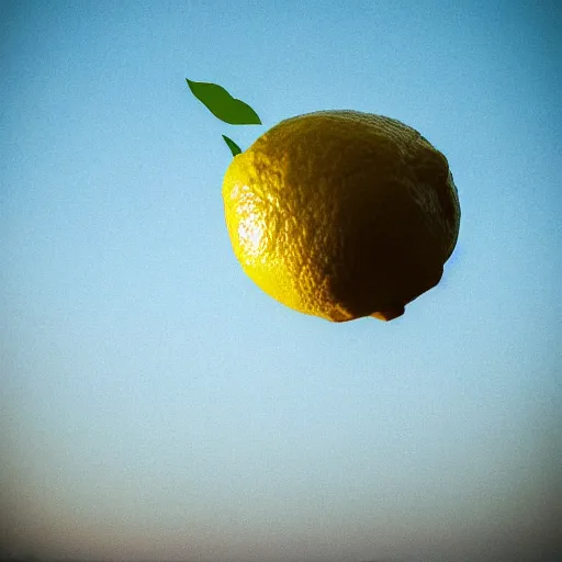 Prompt: gaint lemon in sky using a taxi