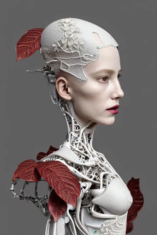 Prompt: complex 3d render ultra detailed of a beautiful porcelain profile elle fannings face, biomechanical cyborg, analog, 150 mm lens, beautiful natural soft rim light, big leaves and stems, roots, fine foliage lace, silver white red details, massai warrior, Alexander Mcqueen high fashion haute couture, pearl earring, art nouveau fashion embroidered, steampunk, intricate details, mesh wire, mandelbrot fractal, anatomical, facial muscles, cable wires, microchip, elegant, hyper realistic, ultra detailed, octane render, H.R. Giger style, volumetric lighting, 8k post-production
