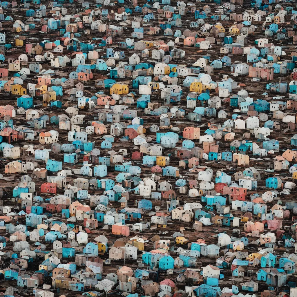 Image similar to towers made up of colourful makeshift squatter shacks, bleached colours, moody cloudy sky, dystopia, mamiya, very detailed, photographed by ansel adams