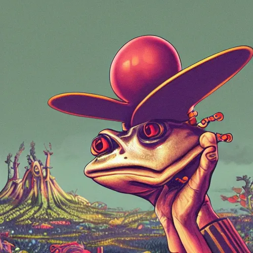 Image similar to A centered chest up portrait of a psychedelic demonic anthropomorphic frog smoking a hand-rolled cigarette smoking heavily , magic mushroom village in background . award winning. superb resolution. in the art style of junji Ito and greg rutkowski . Detailed Mushroom city in background. Hyper realistic anime. Perfect art. Dalle2